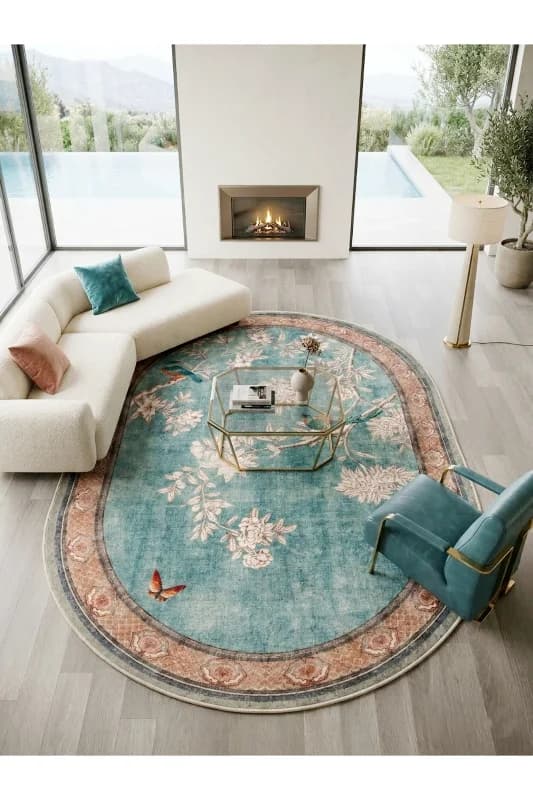 Soft Mavi Kuş Desenli Lateks Taban Oval Halı